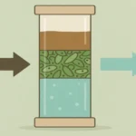 Water passes through a biochar filter made from peapods, transforming from muddy to clean inside a transparent filtration column.