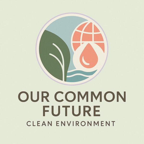 Logo for Our Common Future Clean Environment featuring a rounded emblem with a leaf, water droplet, and globe in soft pastel tones of sage green, powder blue, misty rose, and pale lavender, symbolizing sustainability and environmental care.
